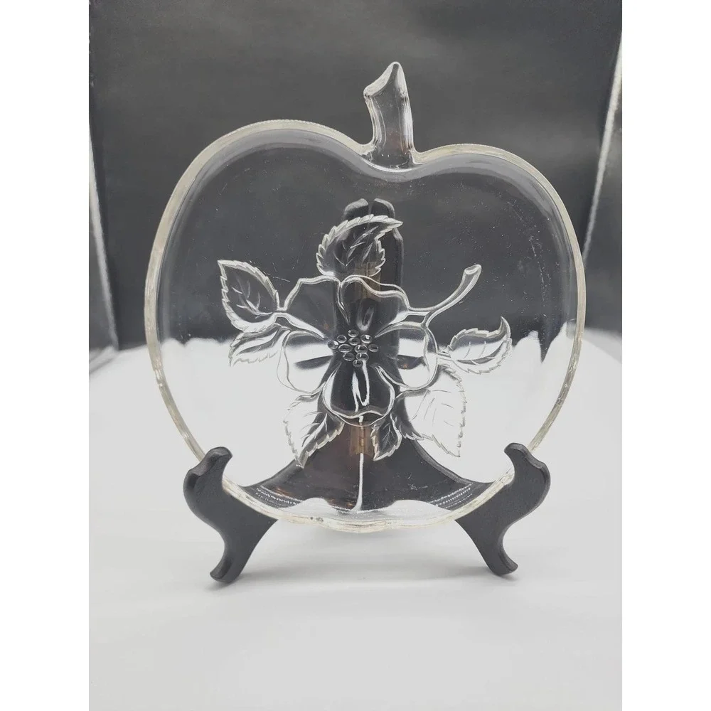 Vintage Apple Shaped Serving‎ Dish With Flower Detail Clear Glass